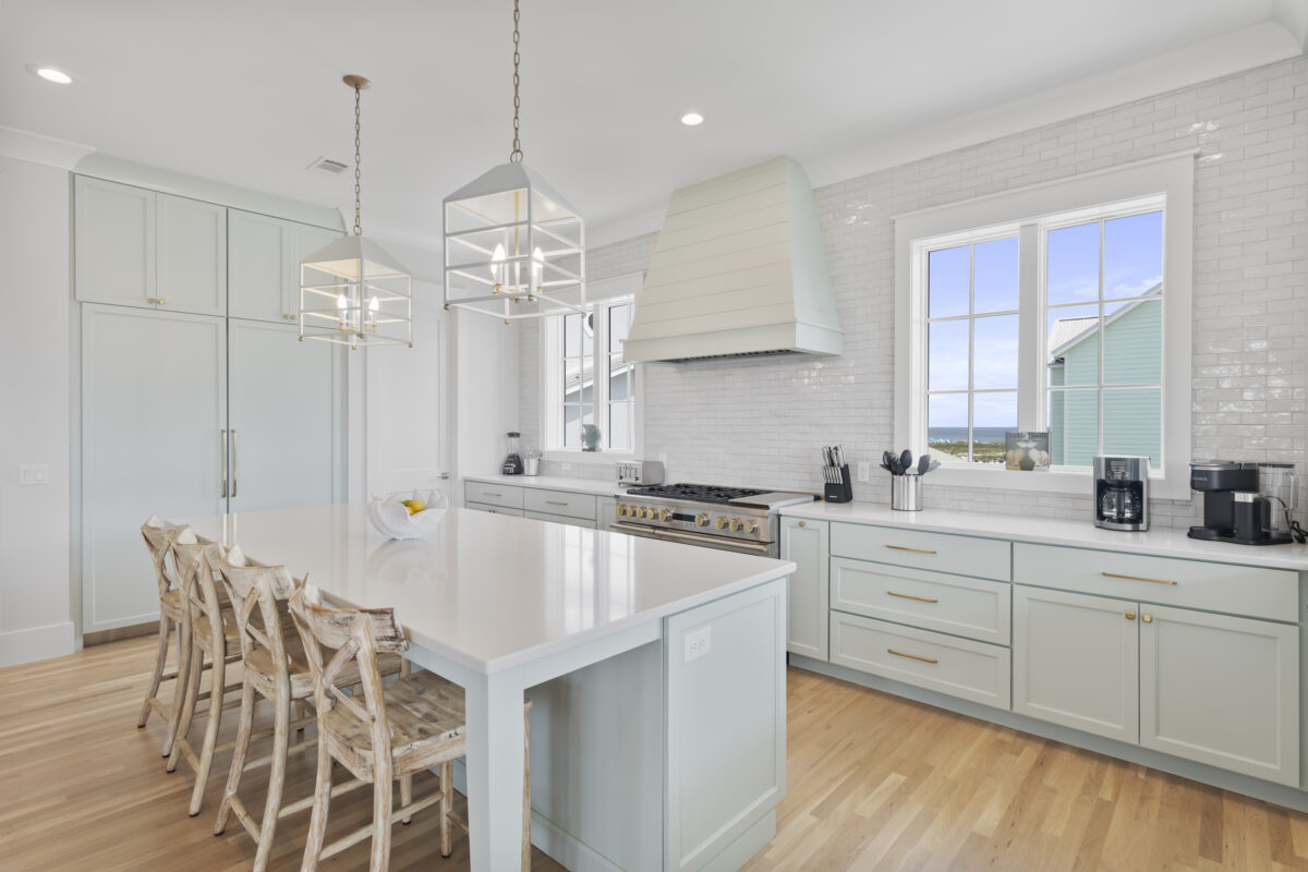 Green Blue Painted Kitchen Cabinets with Quartz Island | Grayton Beach Home | Twin Construction