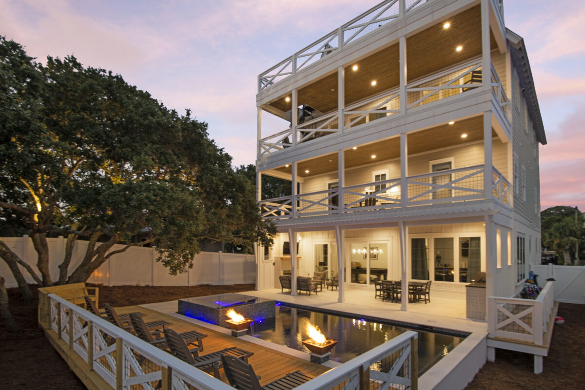 Deck View of Grayton Beach Custom Home with fire and water bowl fountain | Twin Construction 